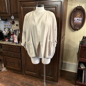 Eskandar Ivory Grey Stripe 2pc Sz M/L Open Front Linen Hemp Cardigan Shirt Pant